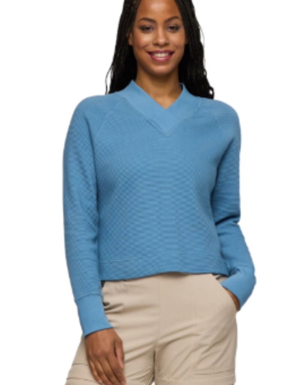 Cotopaxi Women's Large Atajo Long-Sleeve Waffle V-Neck Top Sweater Blue NWT